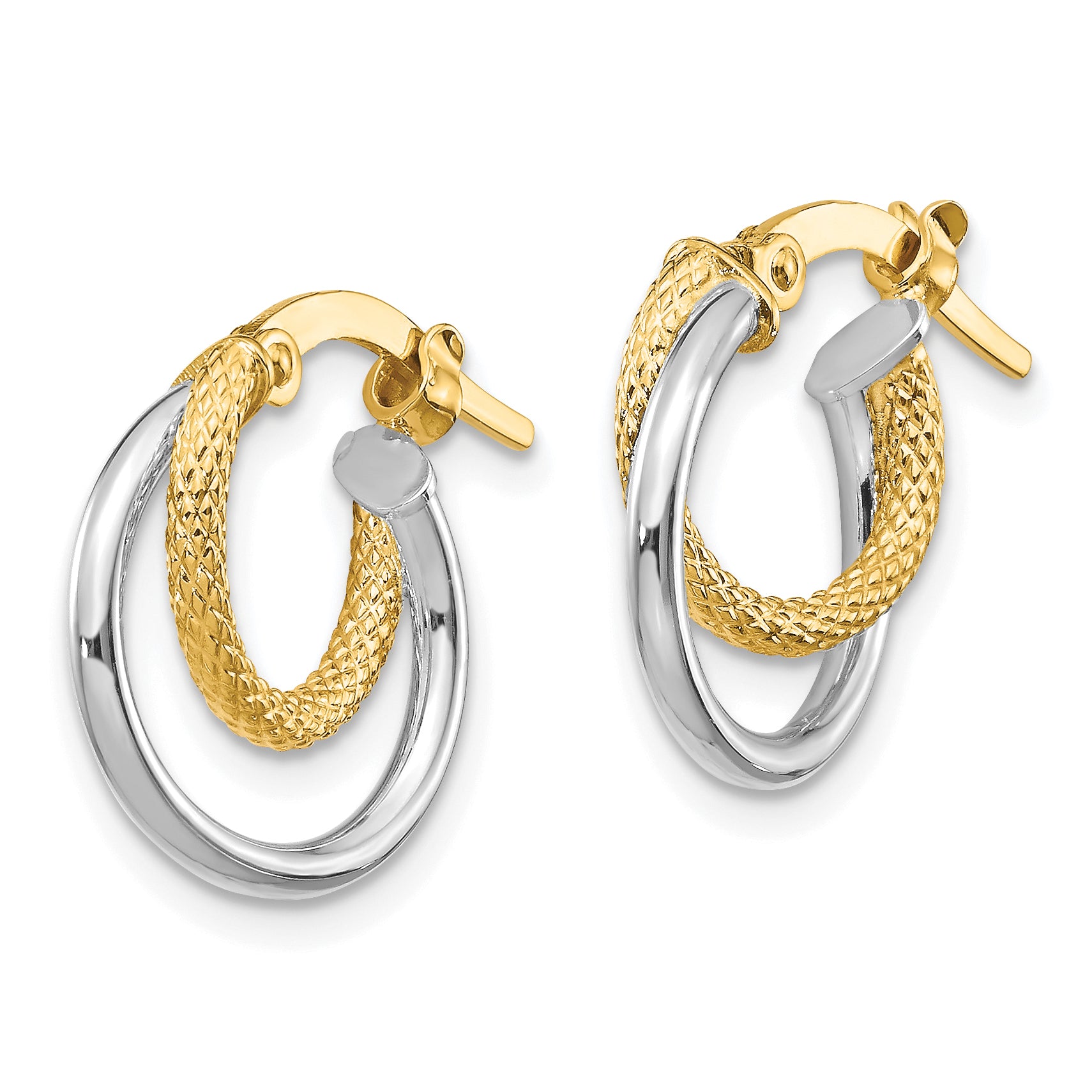 14K Two-Tone Polished Diamond-cut Hinged Hoop Earrings Secondary image