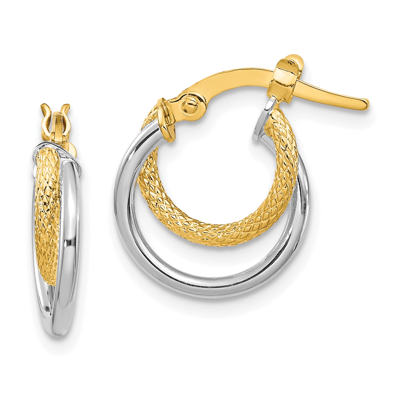 14K Two-Tone Polished Diamond-cut Hinged Hoop Earrings Main image