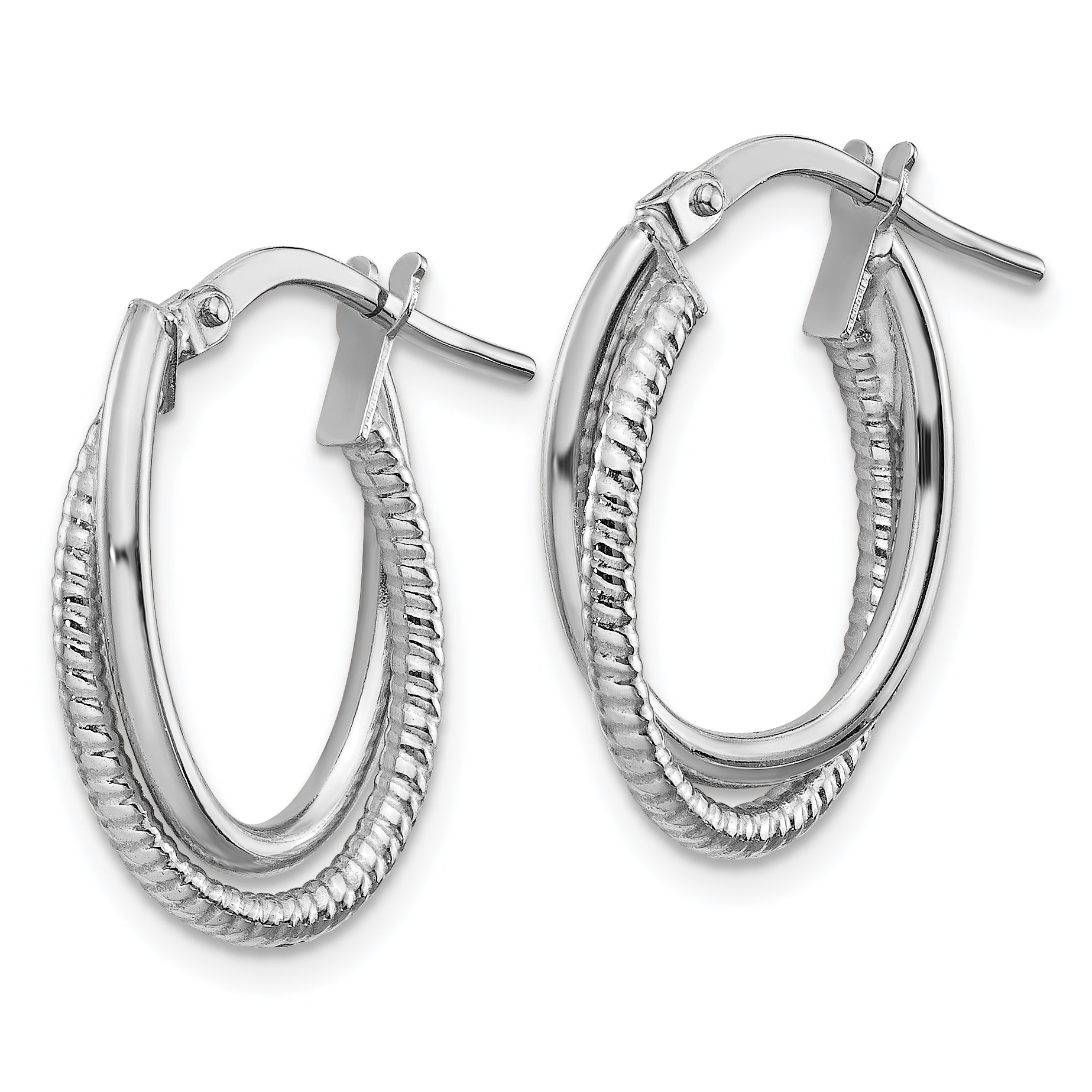 14k White Gold Polished and Textured Double Oval Hoops Secondary image