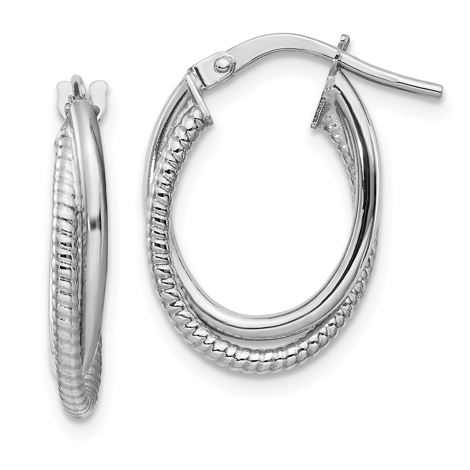14k White Gold Polished and Textured Double Oval Hoops Main image