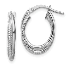 14k White Gold Polished and Textured Double Oval Hoops