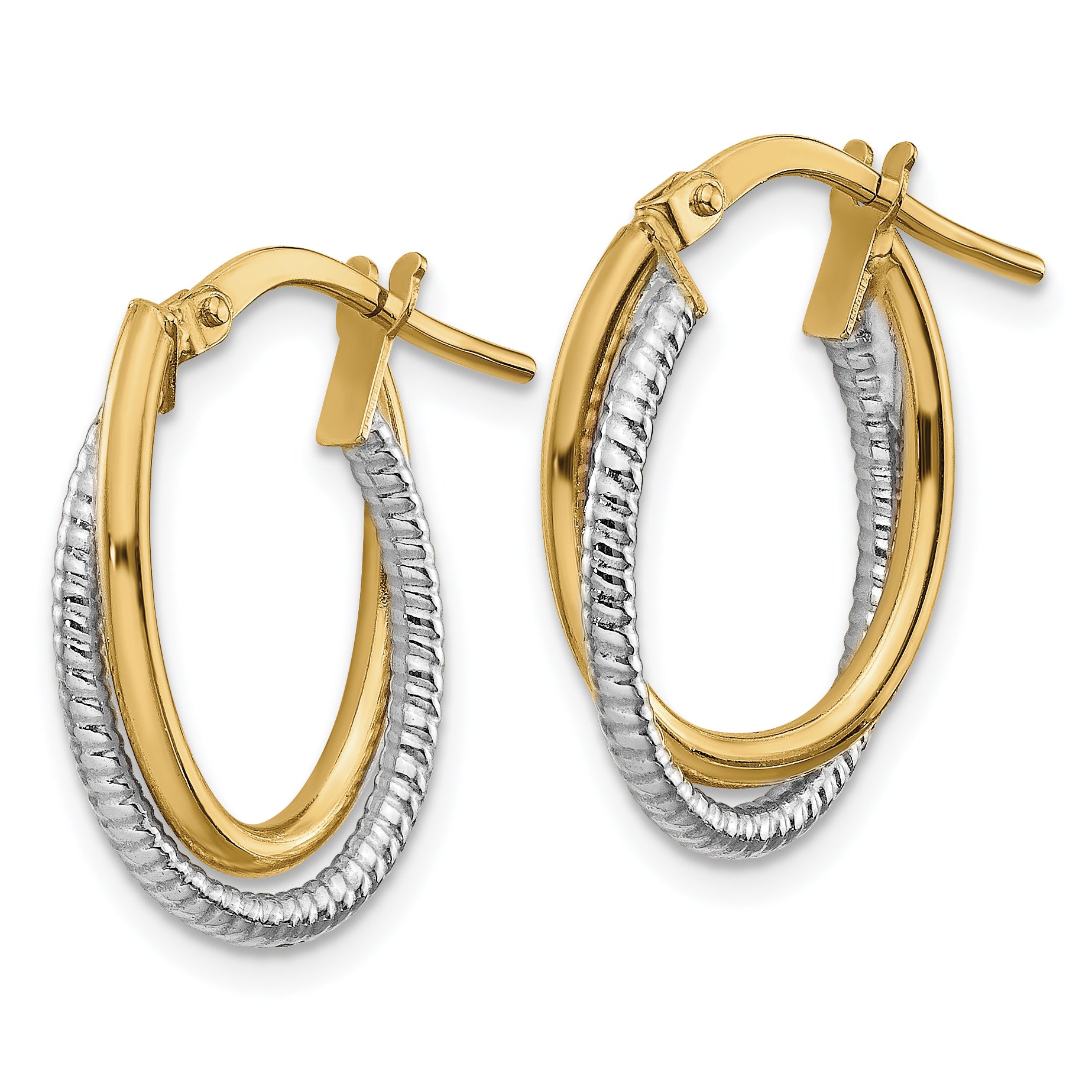 14k Two-Tone Polished Textured Double Oval Hoops Secondary image