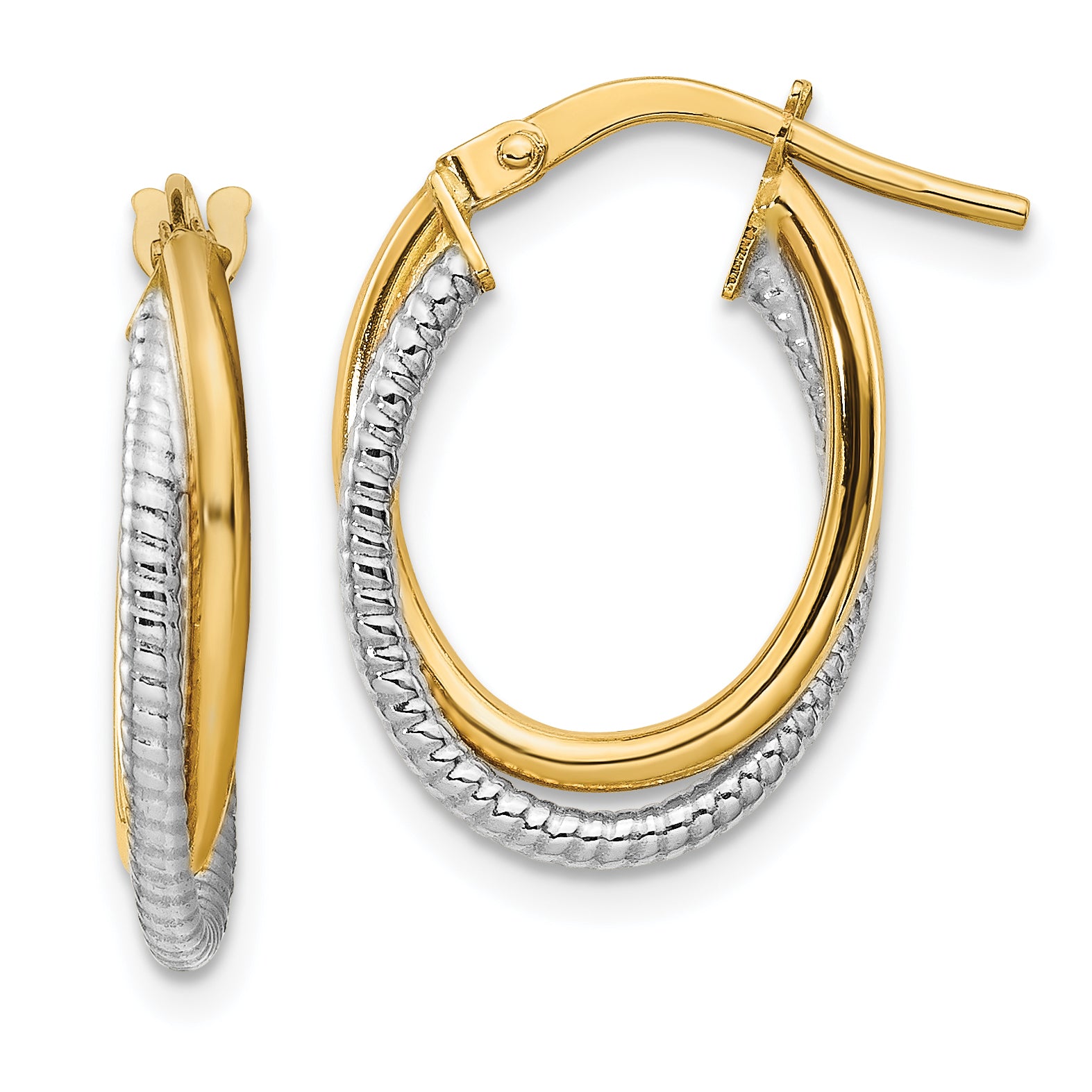14k Two-Tone Polished Textured Double Oval Hoops Main image