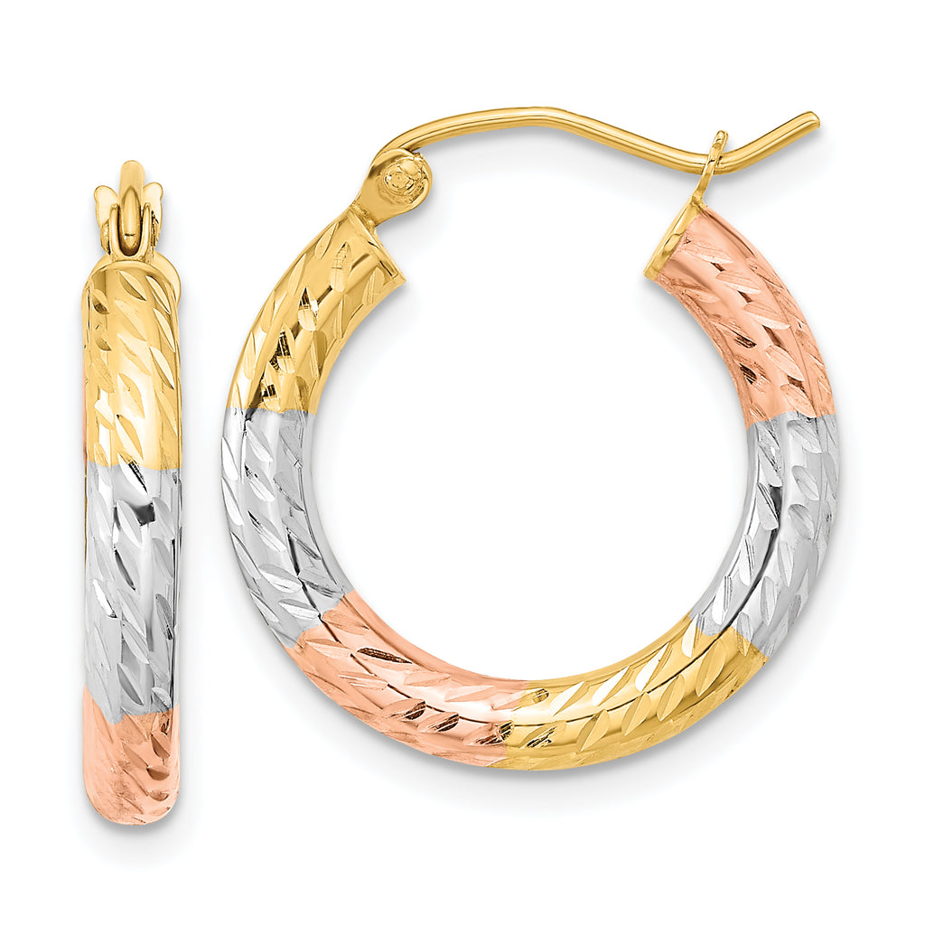 14k w/White and Rose Rhodium Polished Diamond-cut Hoop Earrings
