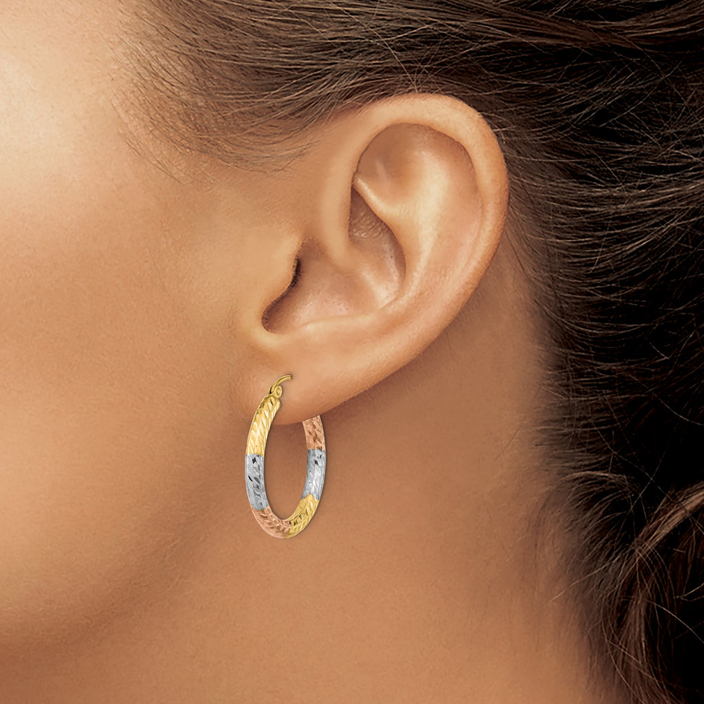 14k w/White and Rose Rhodium Polished Diamond-cut Hoop Earrings