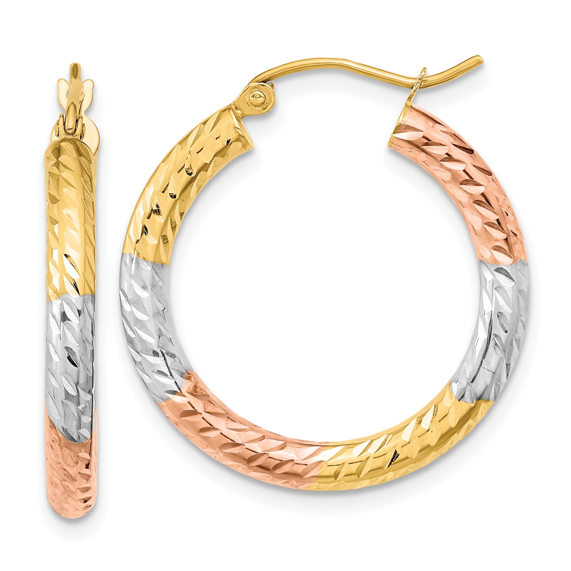 14k w/White and Rose Rhodium Polished Diamond-cut Hoop Earrings Main image