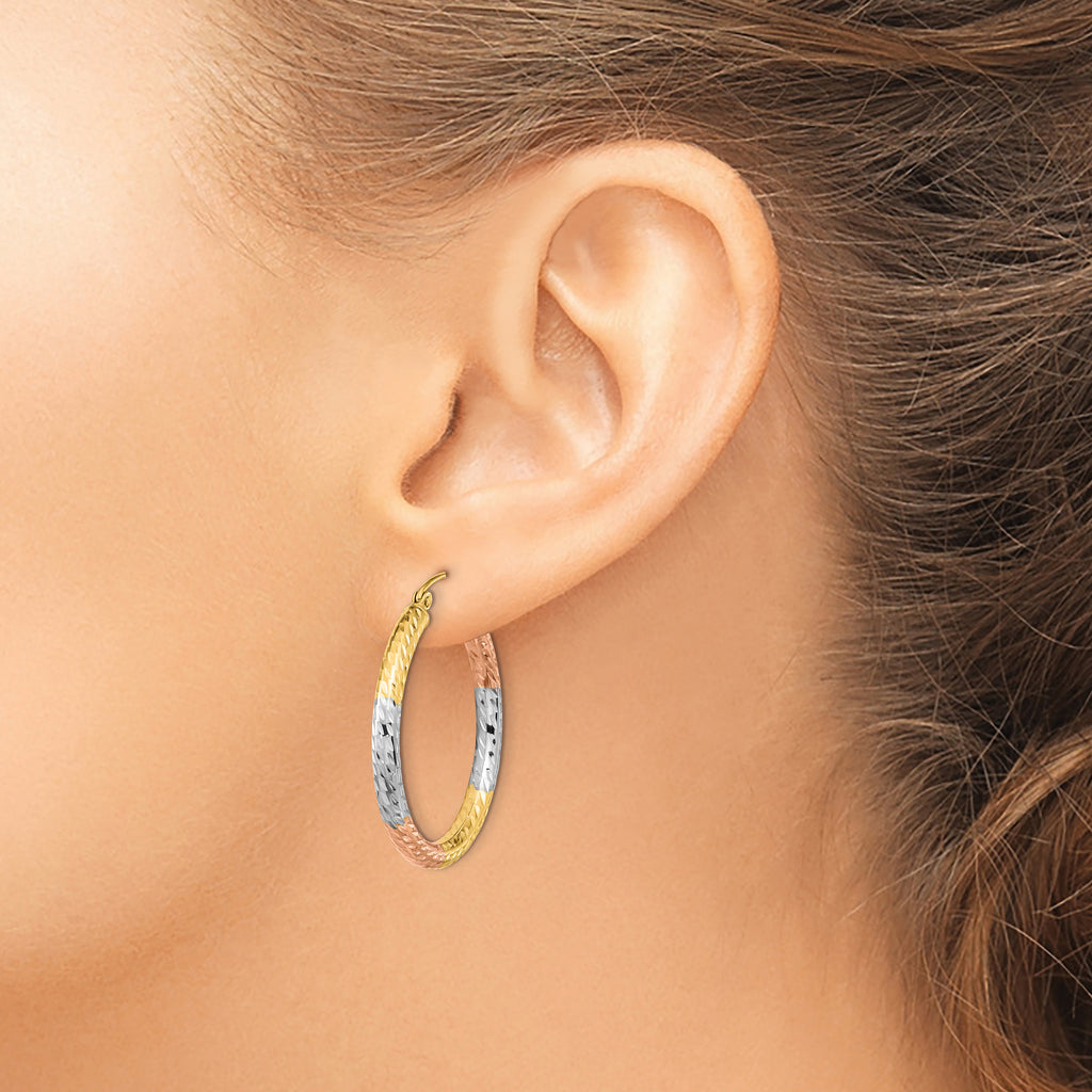 14k w/White and Rose Rhodium Polished Diamond-cut Hoop Earrings