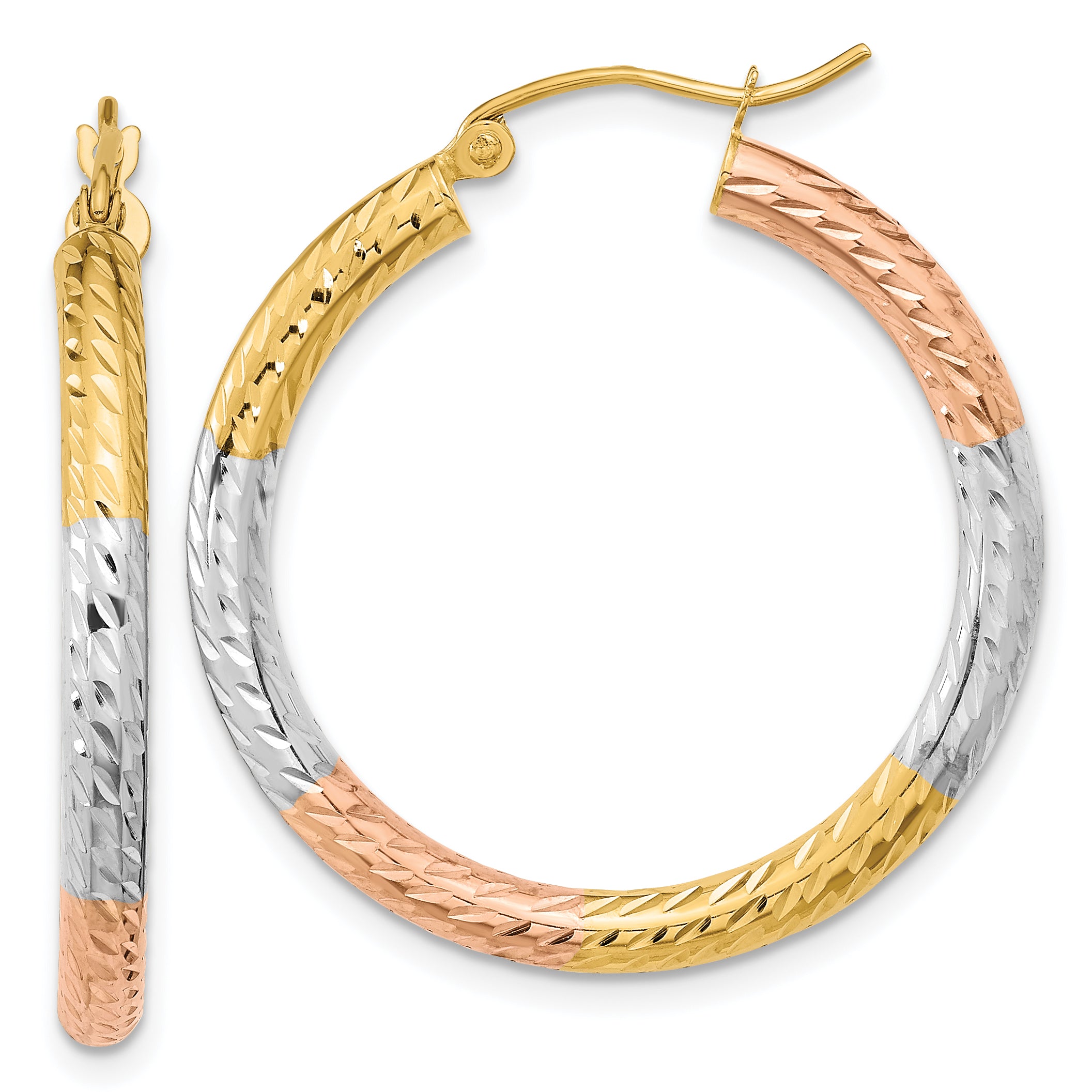 14k w/White and Rose Rhodium Polished Diamond-cut Hoop Earrings