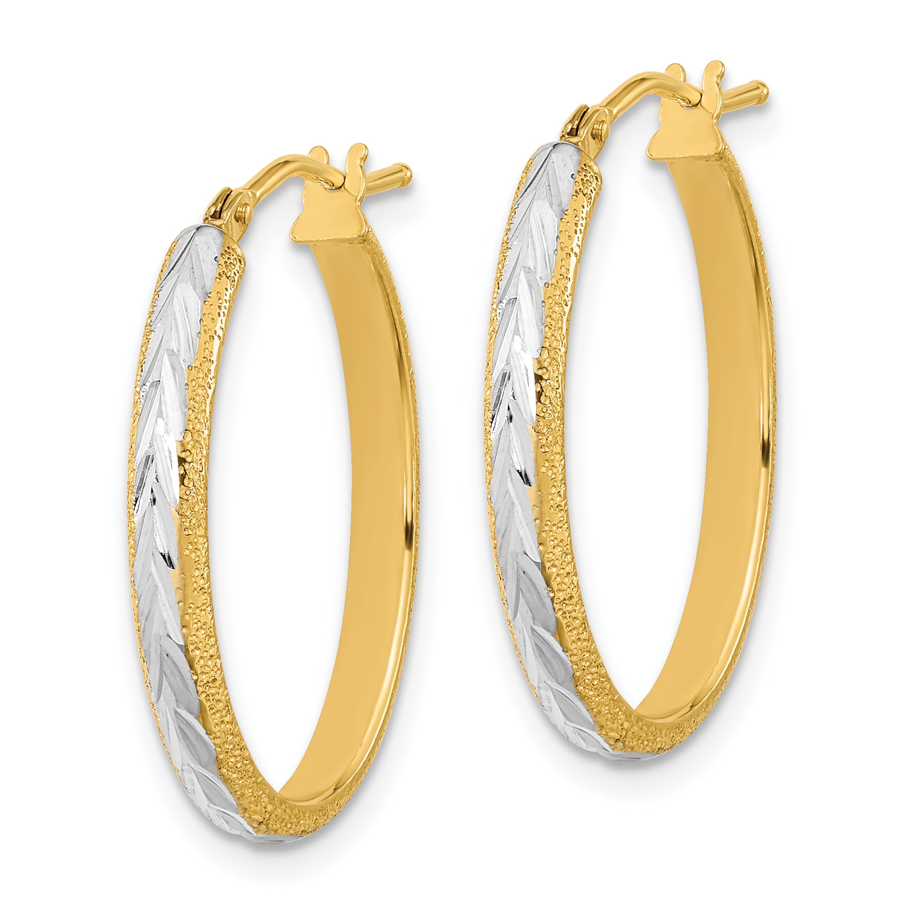 14k White Rhodium Diamond-cut Textured Hoop Earrings Secondary image