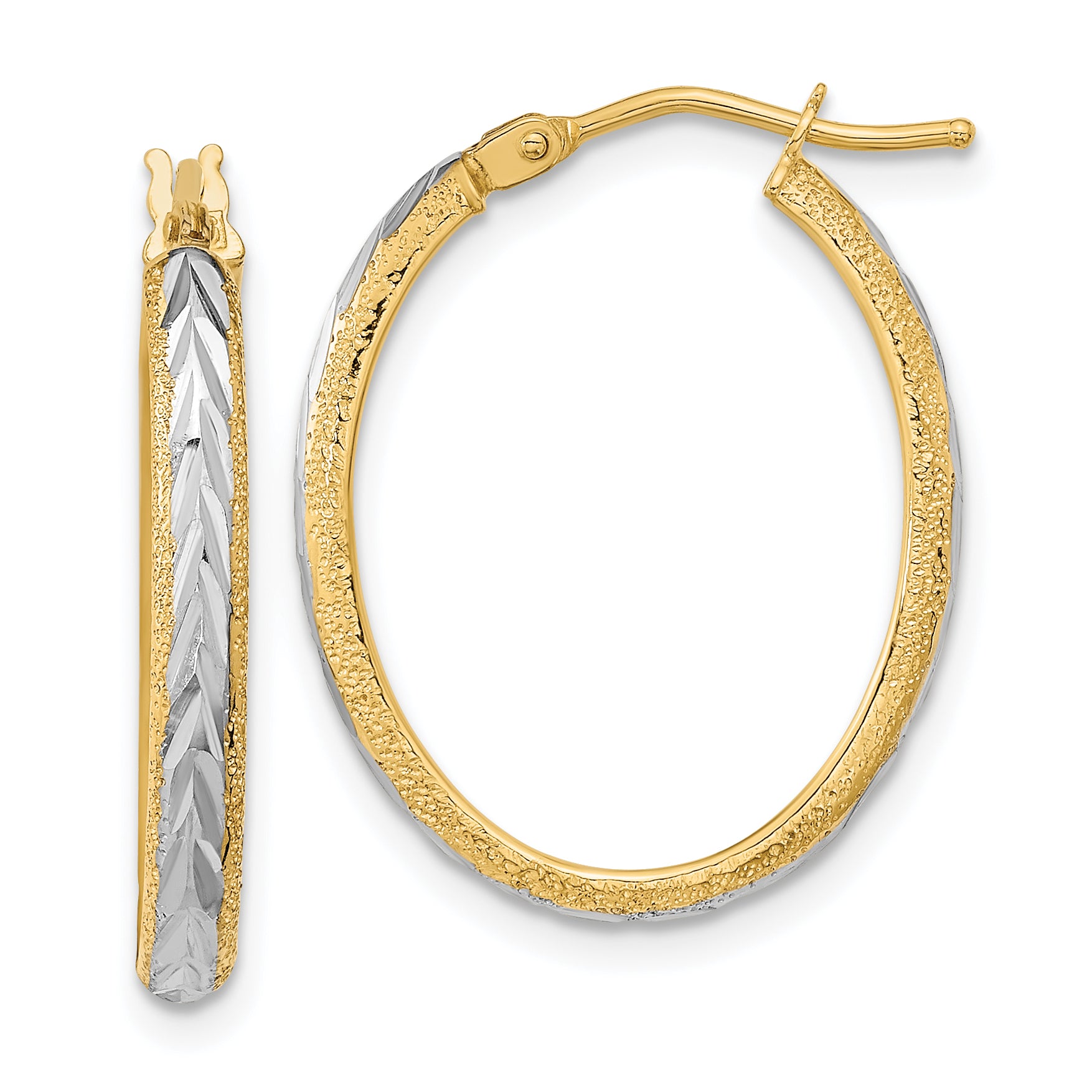 14k White Rhodium Diamond-cut Textured Hoop Earrings Main image