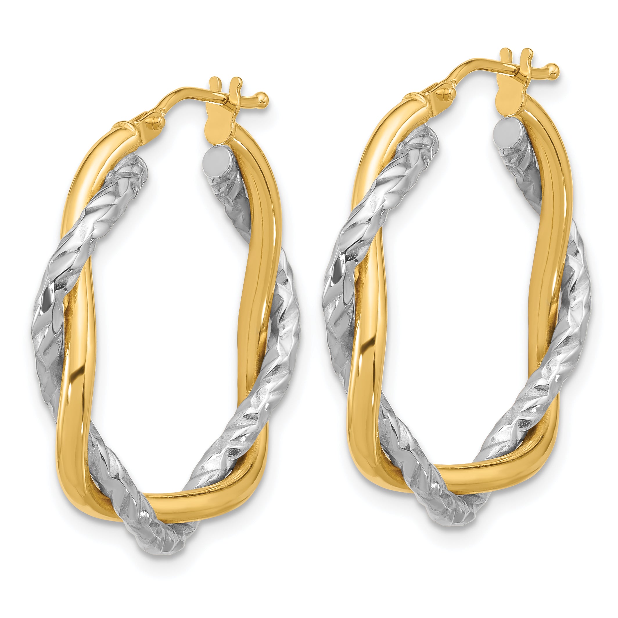 14k Two-tone Polished and Textured Twisted Hoop Earrings Secondary image