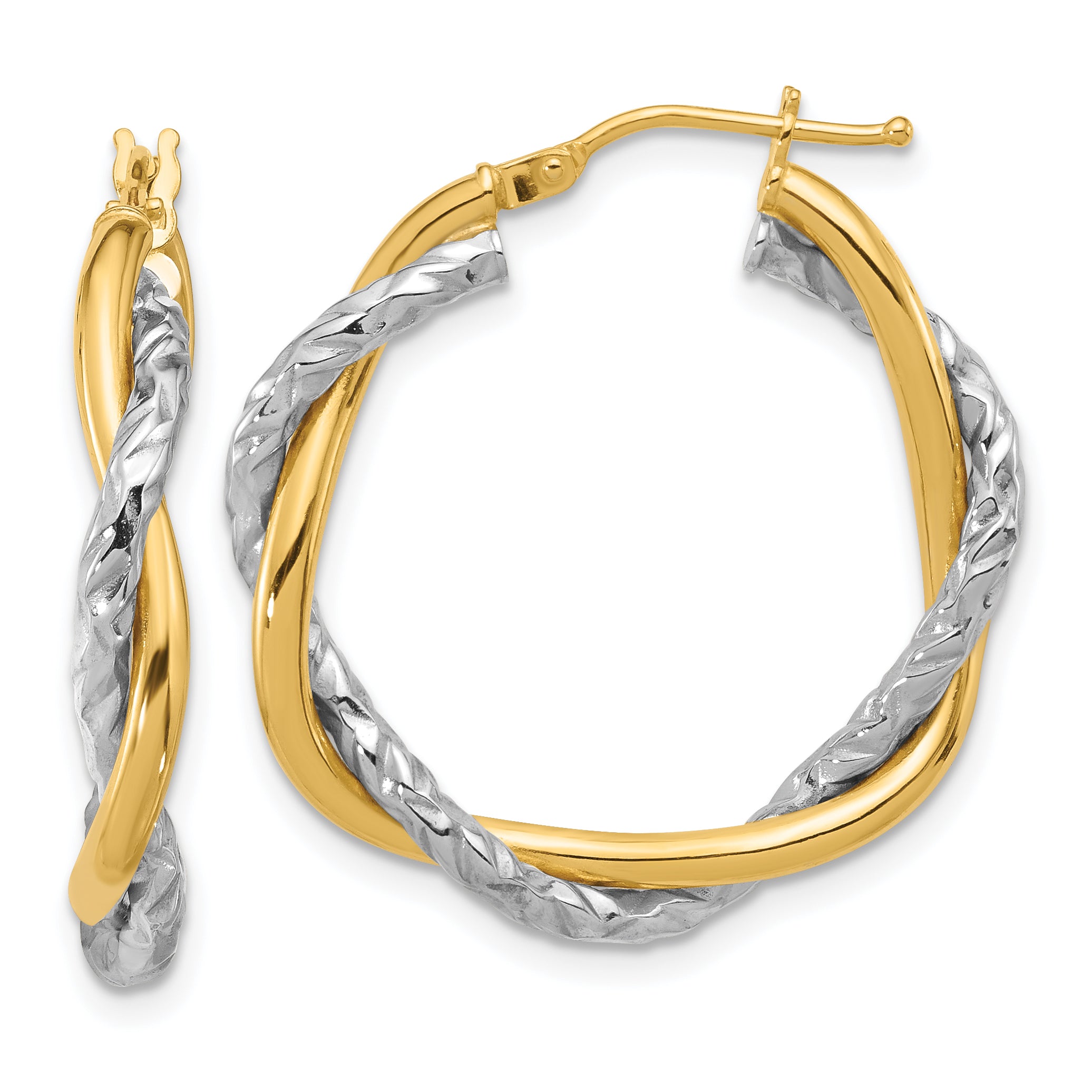 14k Two-tone Polished and Textured Twisted Hoop Earrings Main image