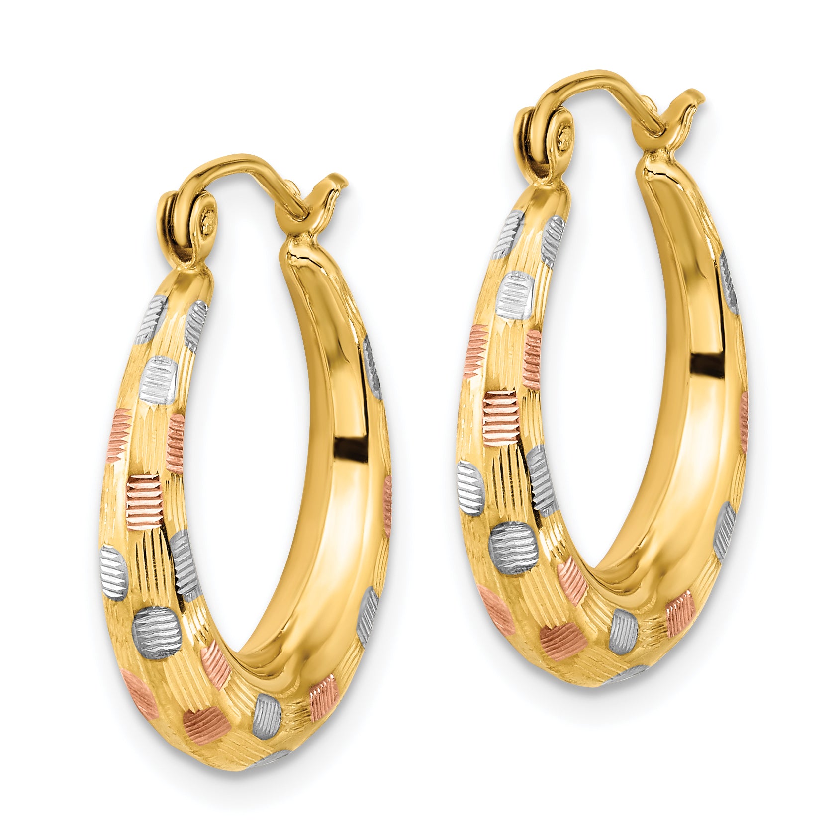 14k White and Rose Rhodium Polished Satin Diamond-cut Hoop Earrings