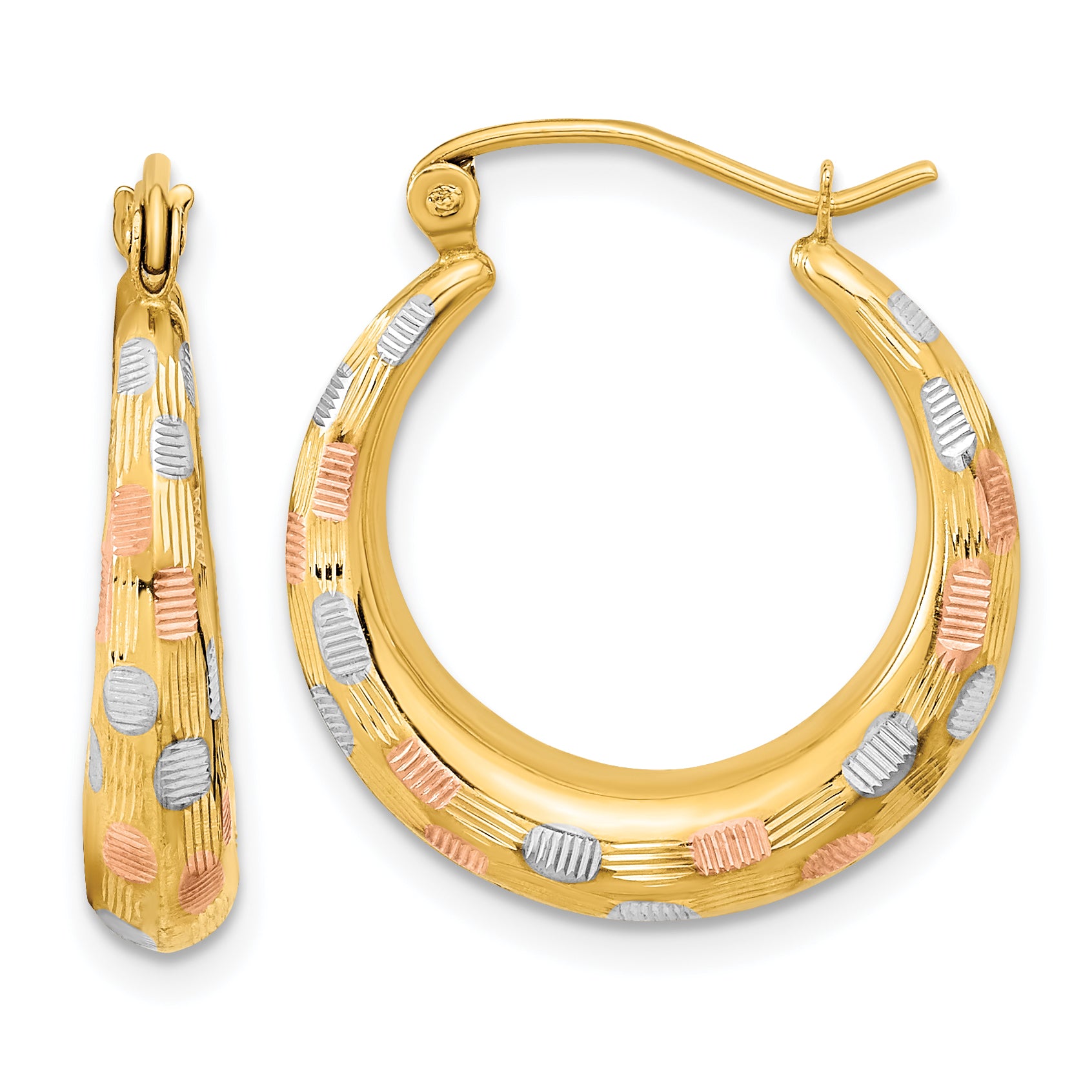 14k White and Rose Rhodium Polished Satin Diamond-cut Hoop Earrings Main image
