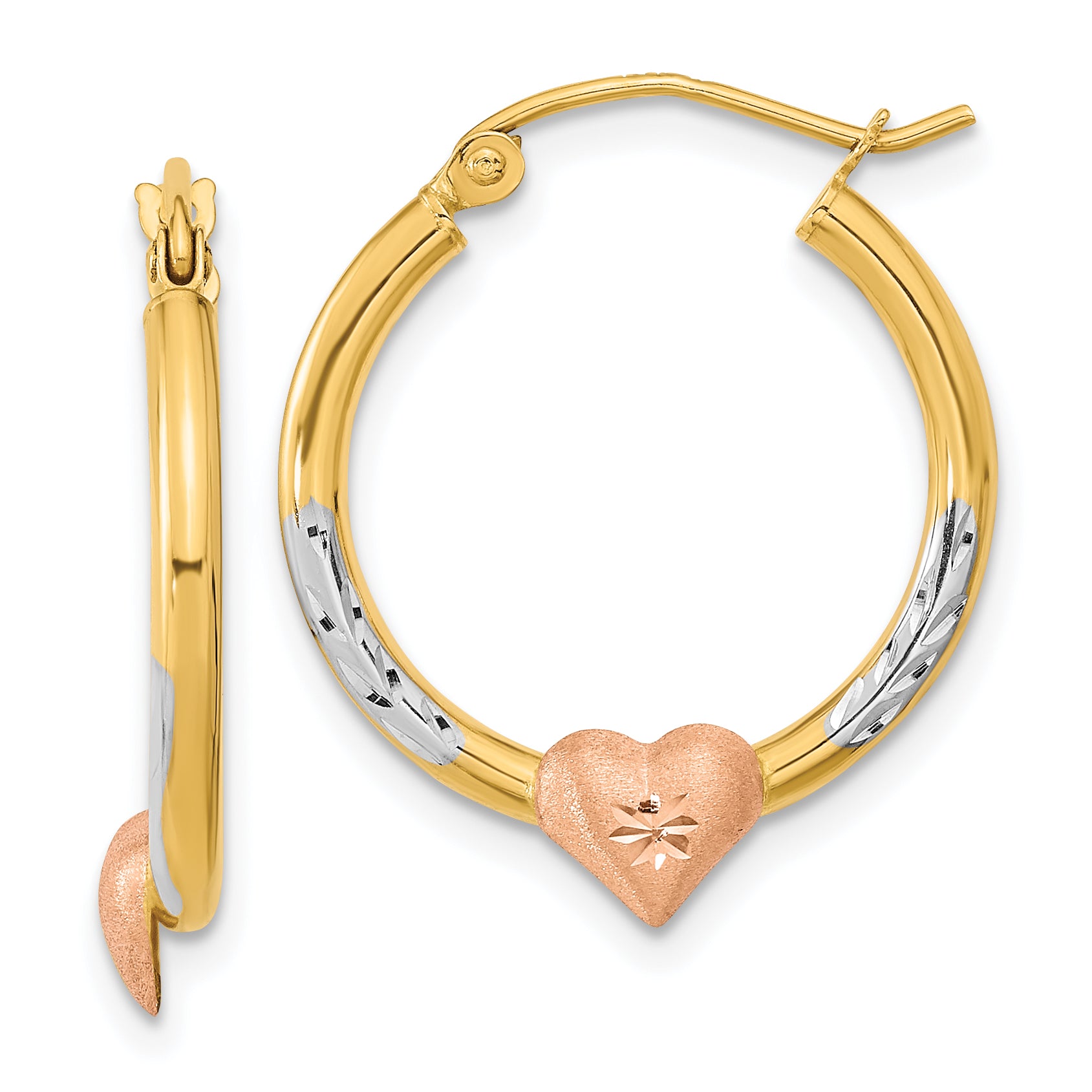 14k Two-tone with White Rhodium D/C Heart Hoop Earrings Main image