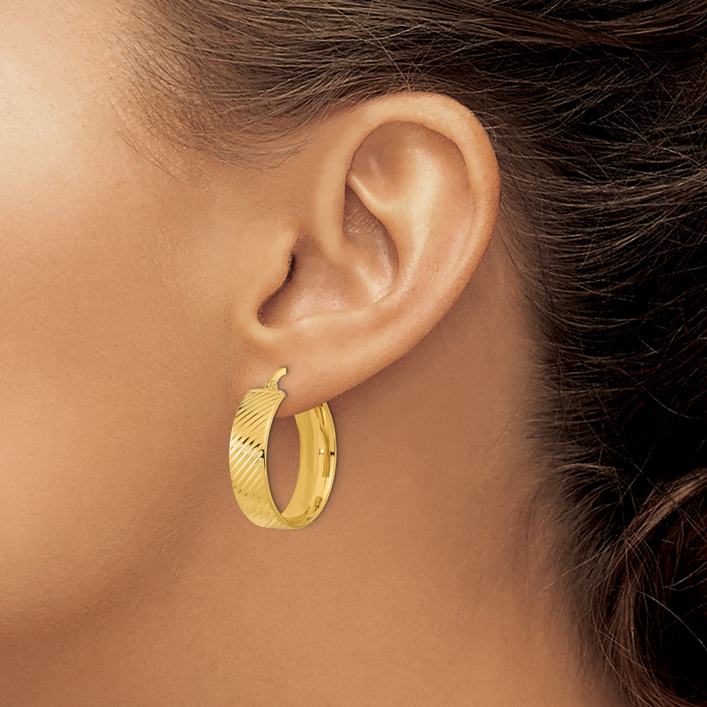 14K 8mm Polished & Textured Hinged Hoop Earrings