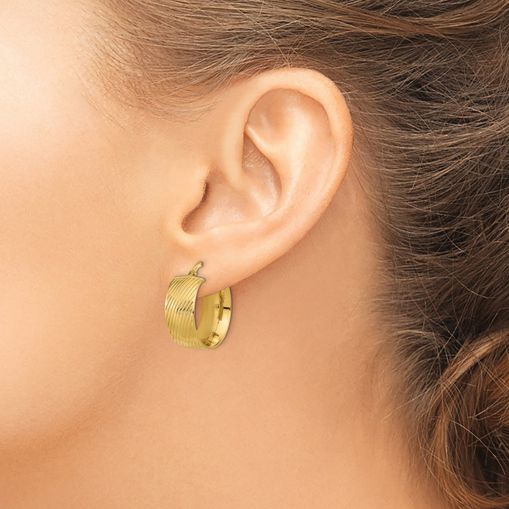 14K 8mm Polished Textured Hinged Hoop Earrings
