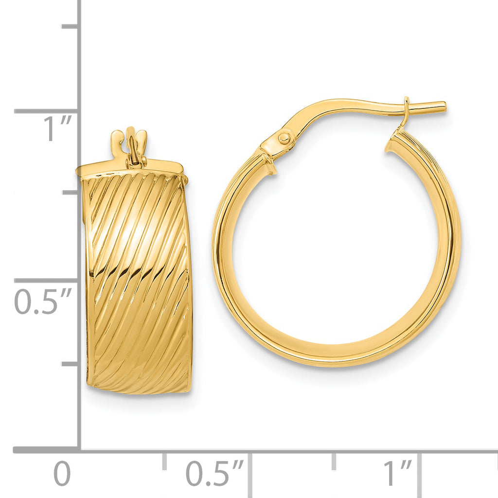 14K 8mm Polished Textured Hinged Hoop Earrings