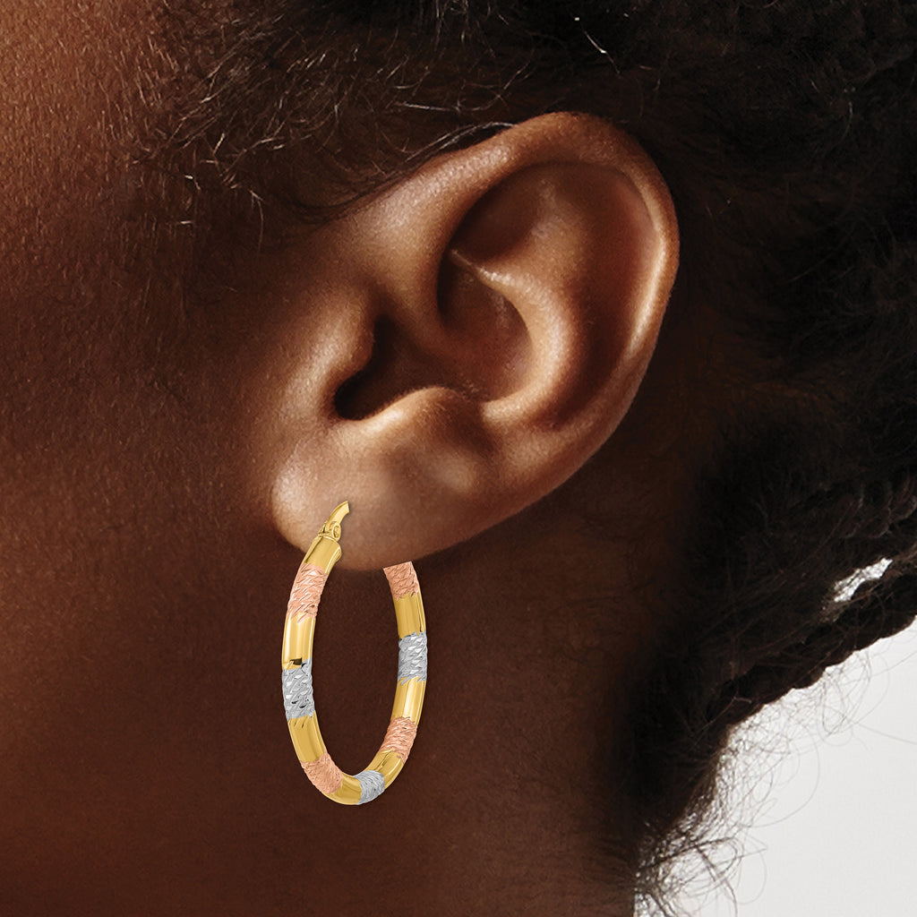 14k with Rose and White Rhodium Diamond-cut 3.0mm Hoop Earrings