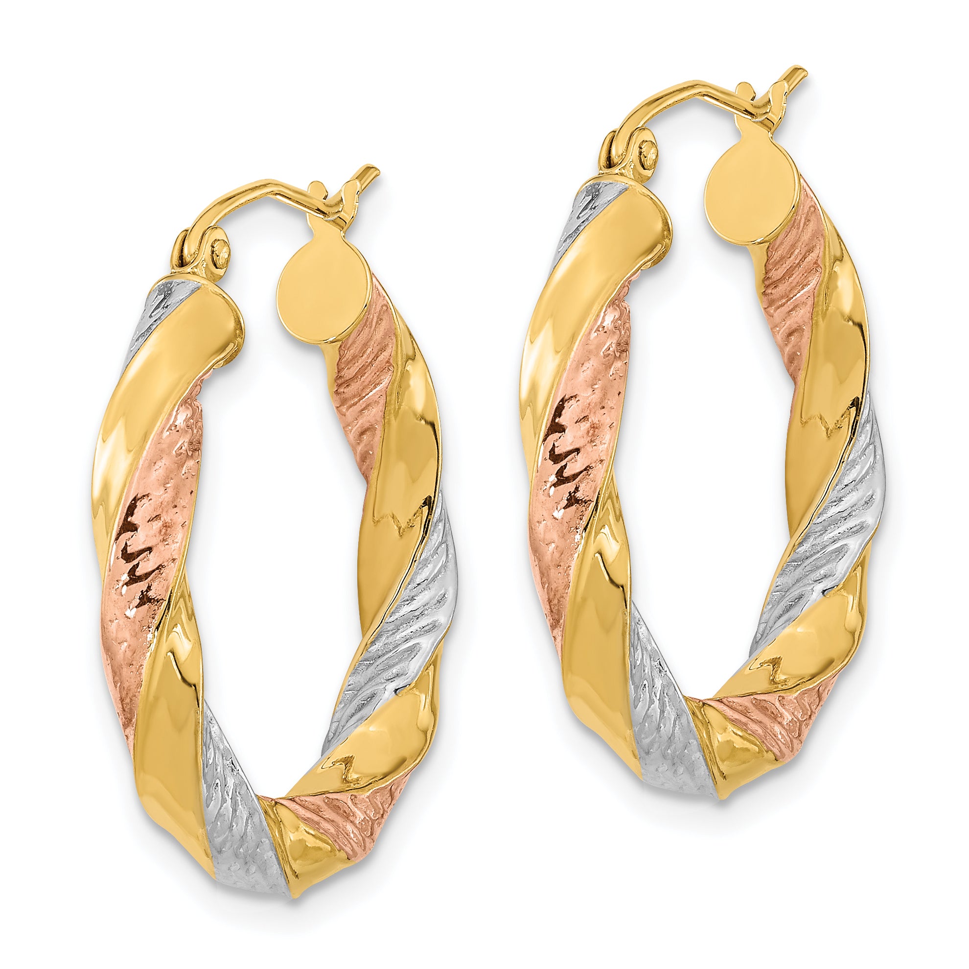 14k Tri-color Polished & D/C Twist Hoop Earrings Secondary image