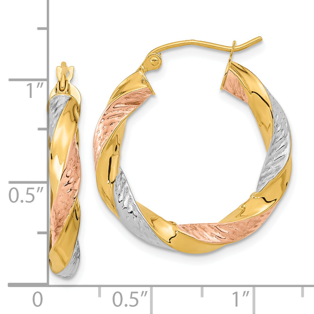14k Tri-color Polished & D/C Twist Hoop Earrings