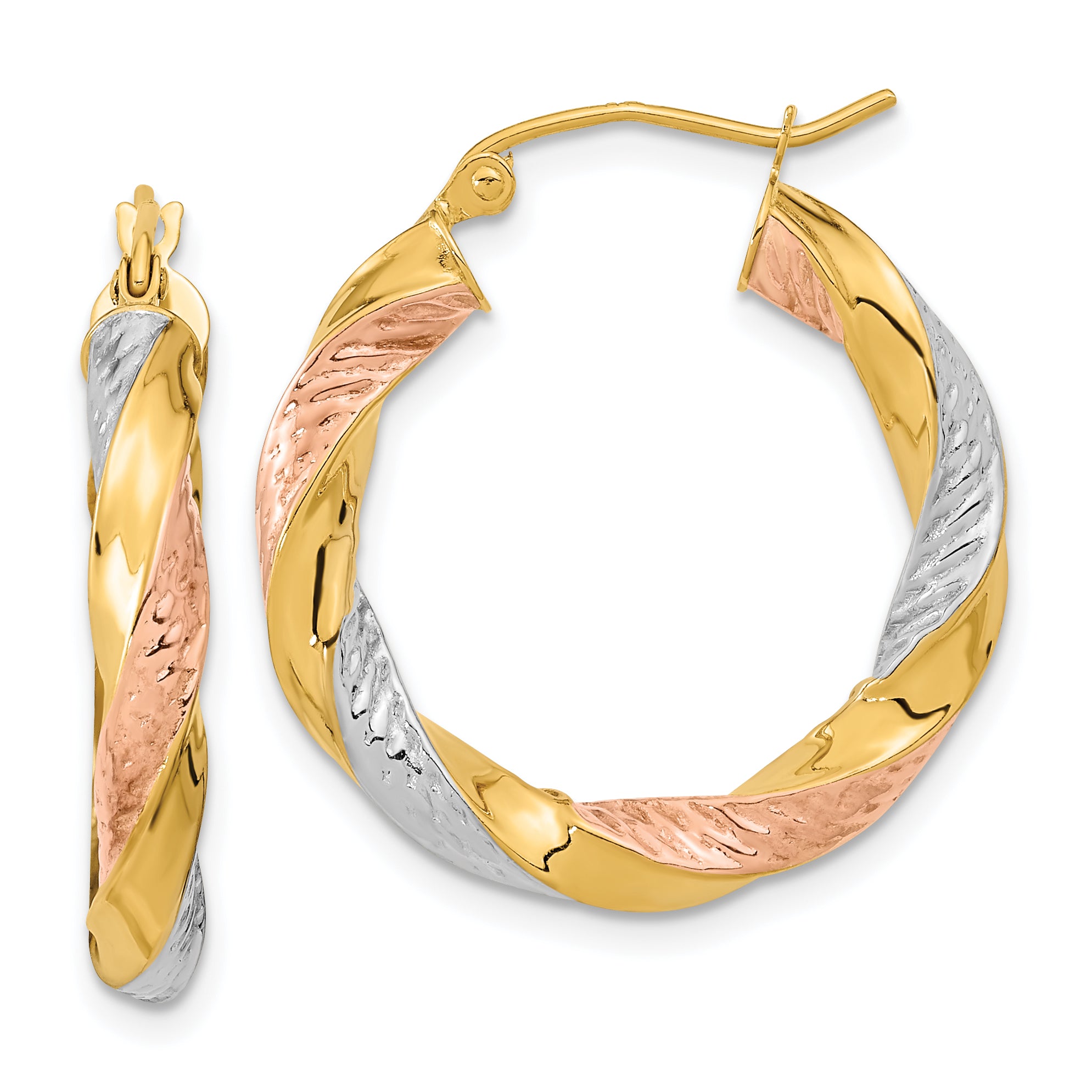 14k Tri-color Polished & D/C Twist Hoop Earrings