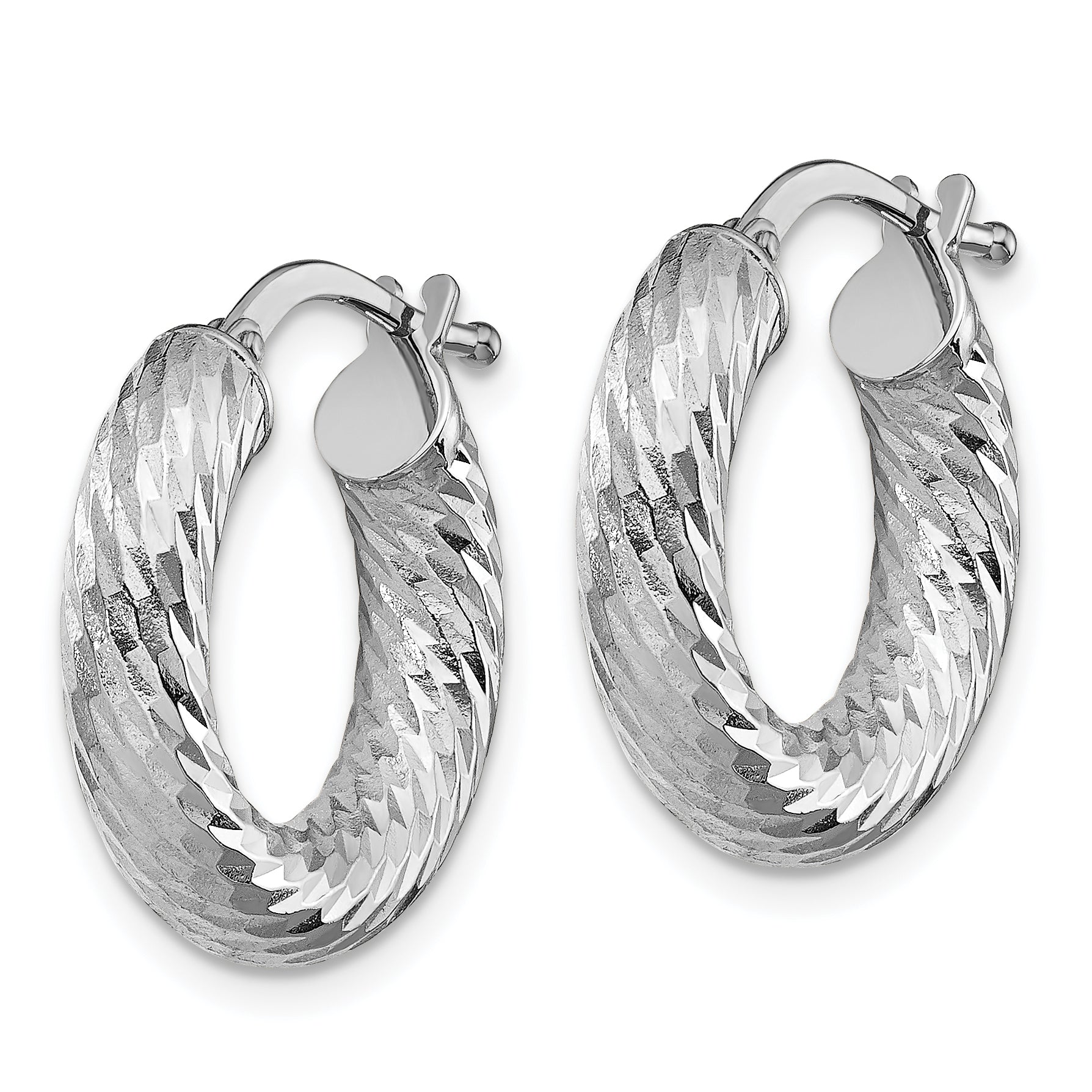 14k 4x10mm White Gold Diamond-cut Round Hoop Earrings