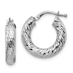 14k 4x10mm White Gold Diamond-cut Round Hoop Earrings