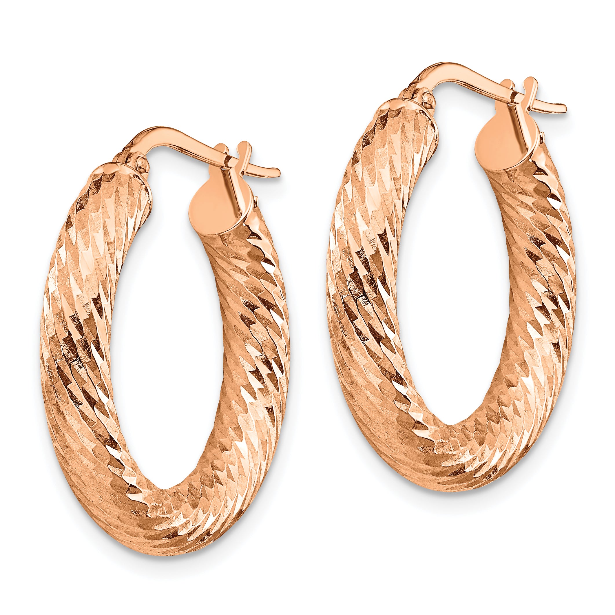 14k 4mm Rose Gold Polished Diamond-cut Round Hoop Earrings Secondary image