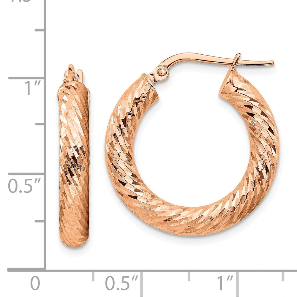 14k 4x20 Rose Gold Diamond-cut Round Hoop Earrings