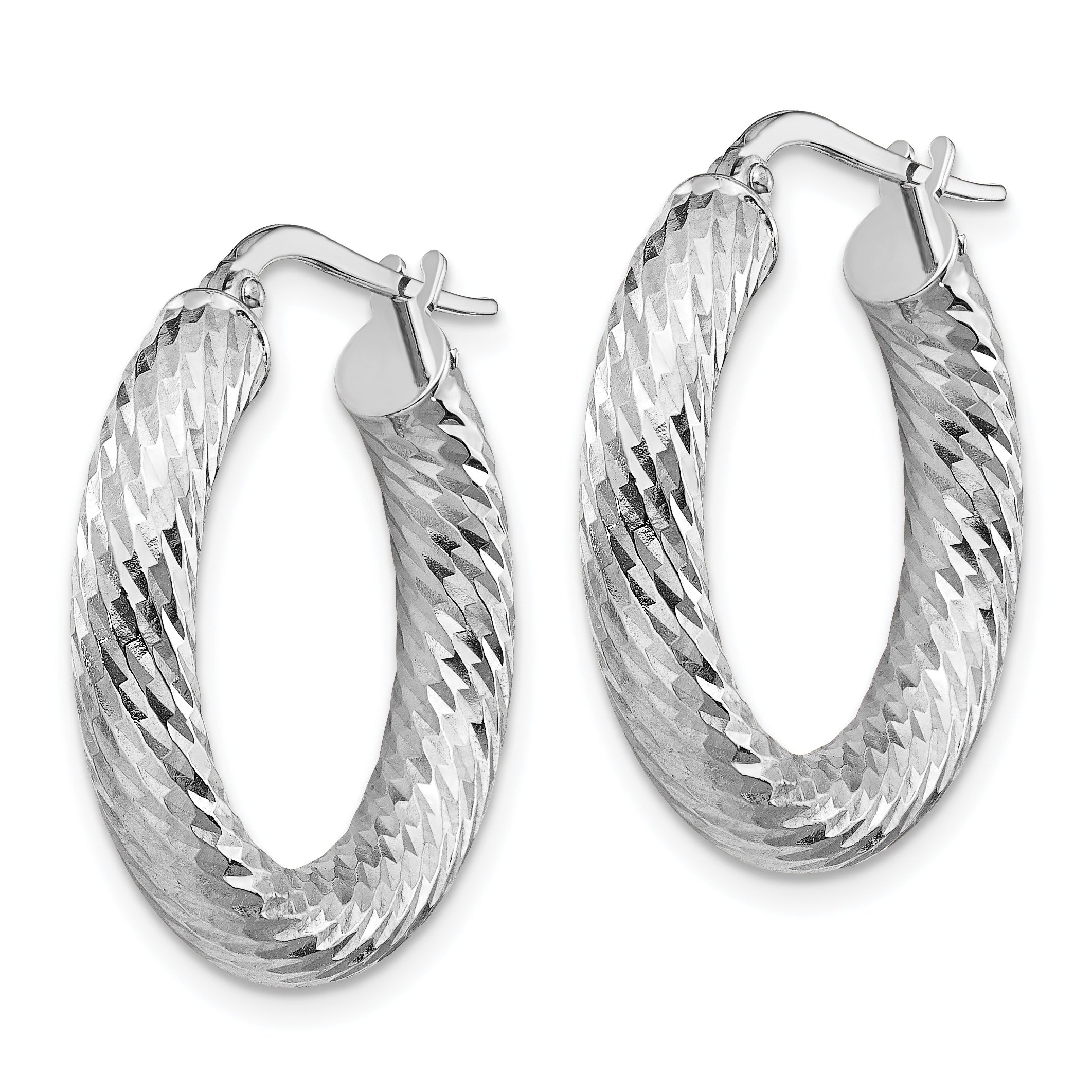 14k 4x15mm White Gold Diamond-cut Round Hoop Earrings Secondary image