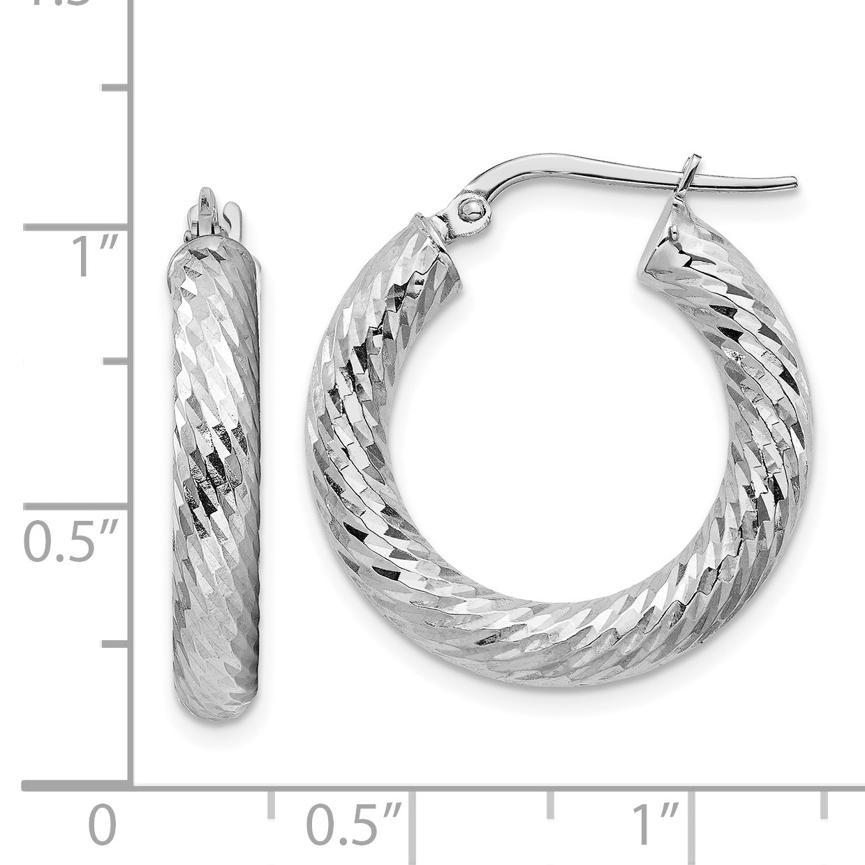 14k 4x15mm White Gold Diamond-cut Round Hoop Earrings