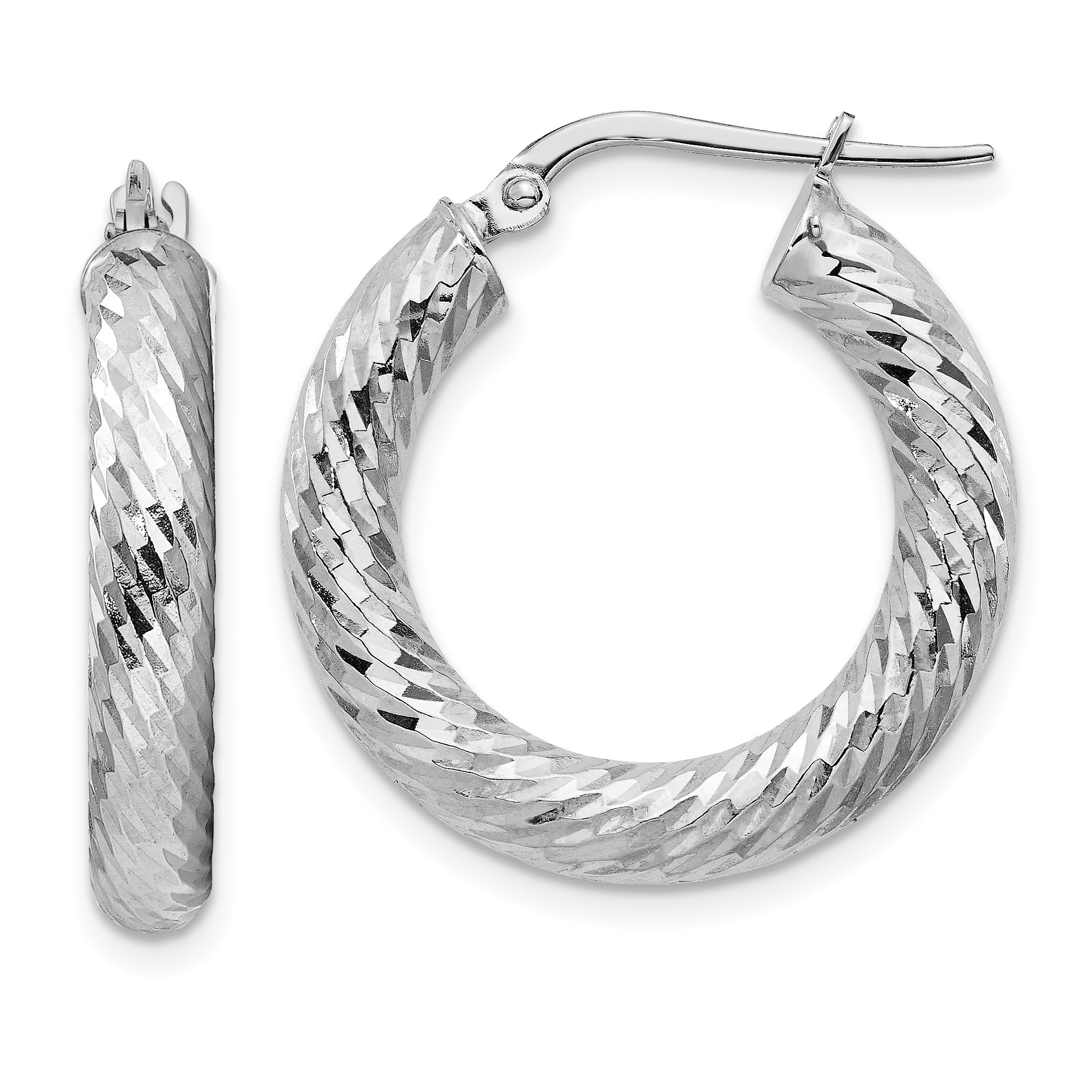 14k 4x15mm White Gold Diamond-cut Round Hoop Earrings Main image