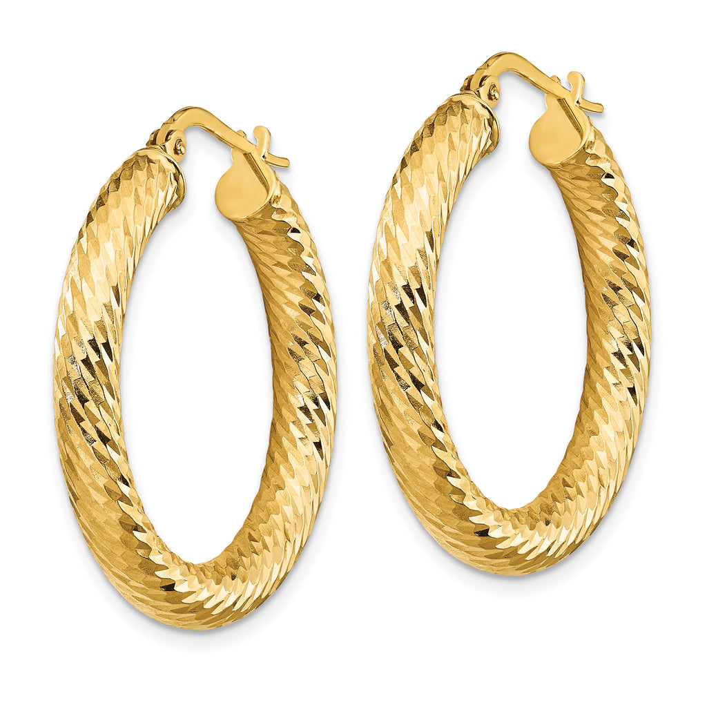 14k 4x20mm Diamond-cut Round Hoop Earrings