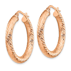 14K 4x25 Rose Gold Diamond-cut Round Hoop Earrings