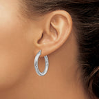 14k 4x20mm White Gold Diamond-cut Round Hoop Earrings