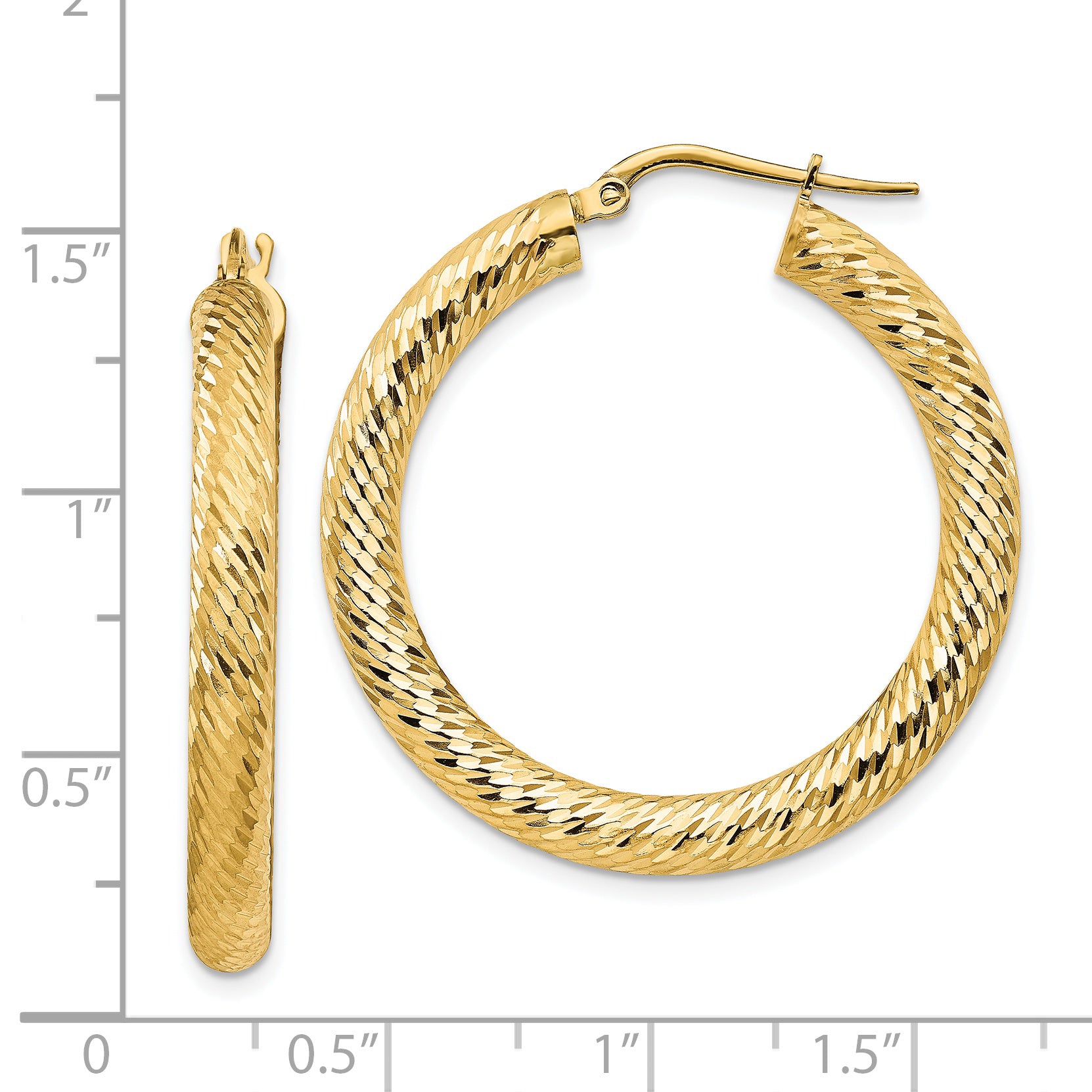 14k 4x25mm Diamond-cut Round Hoop Earrings