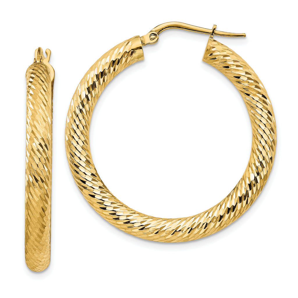 14k 4x25mm Diamond-cut Round Hoop Earrings