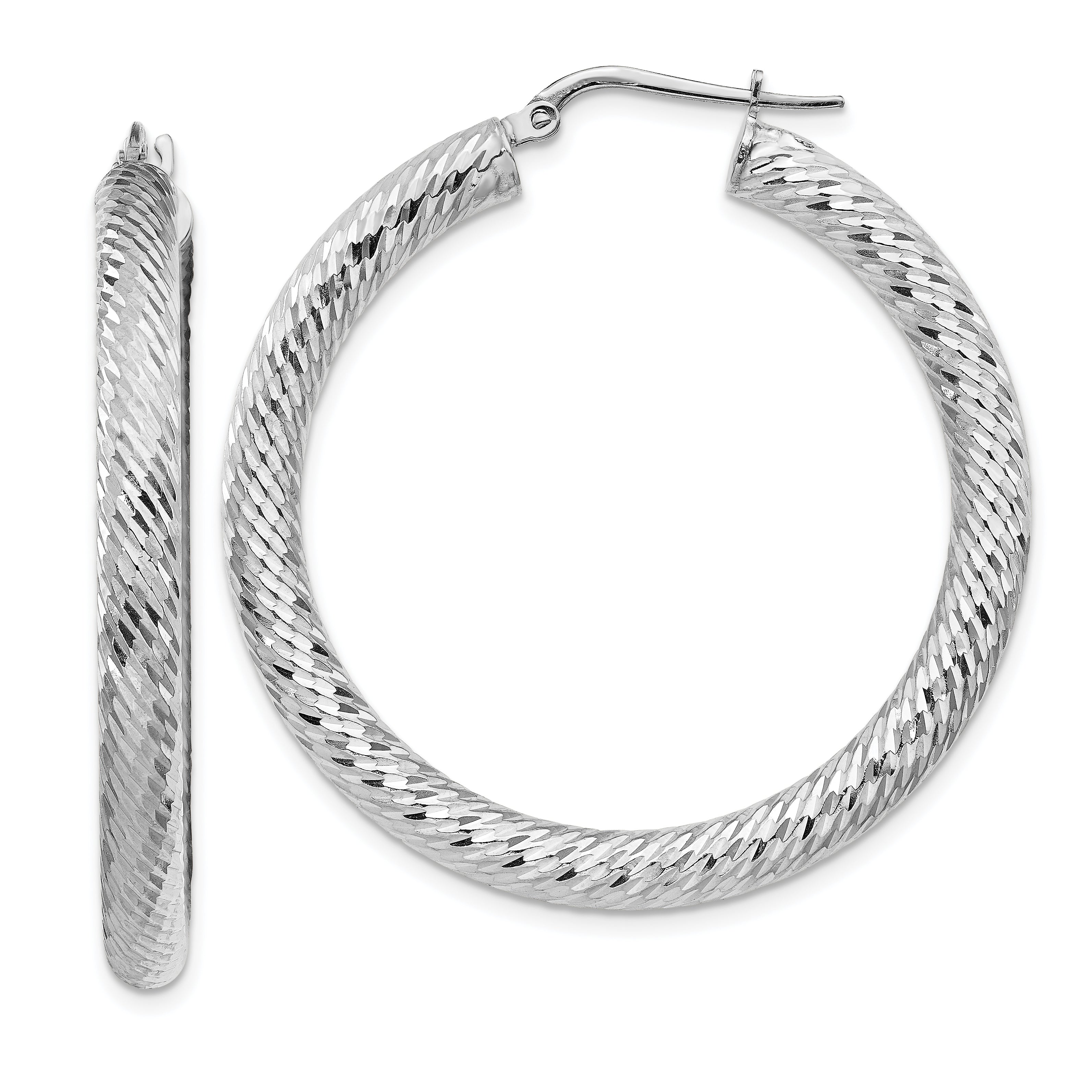 14k 4x30mm White Gold Diamond-cut Round Hoop Earrings