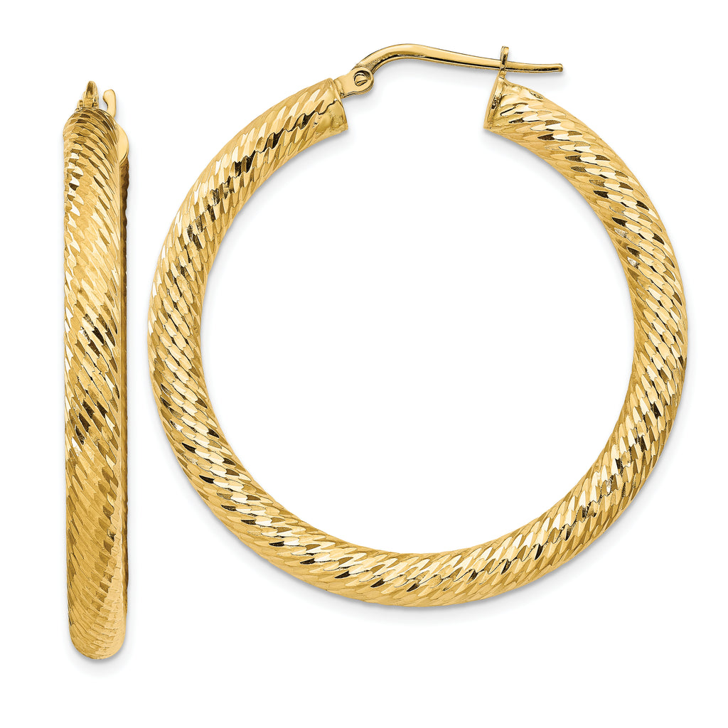 14k 4x30mm Diamond-cut Round Hoop Earrings
