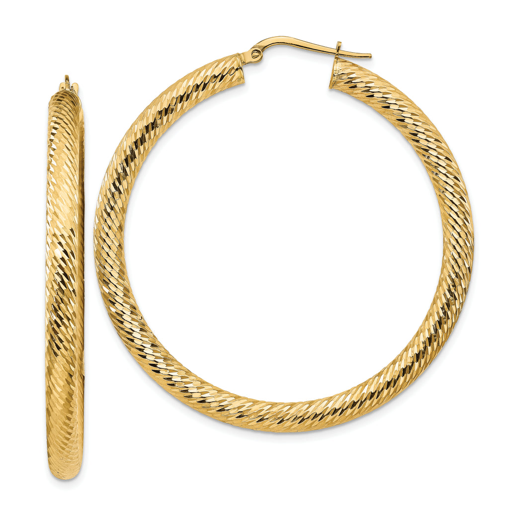 14k 4x50mm Diamond-cut Round Hoop Earrings
