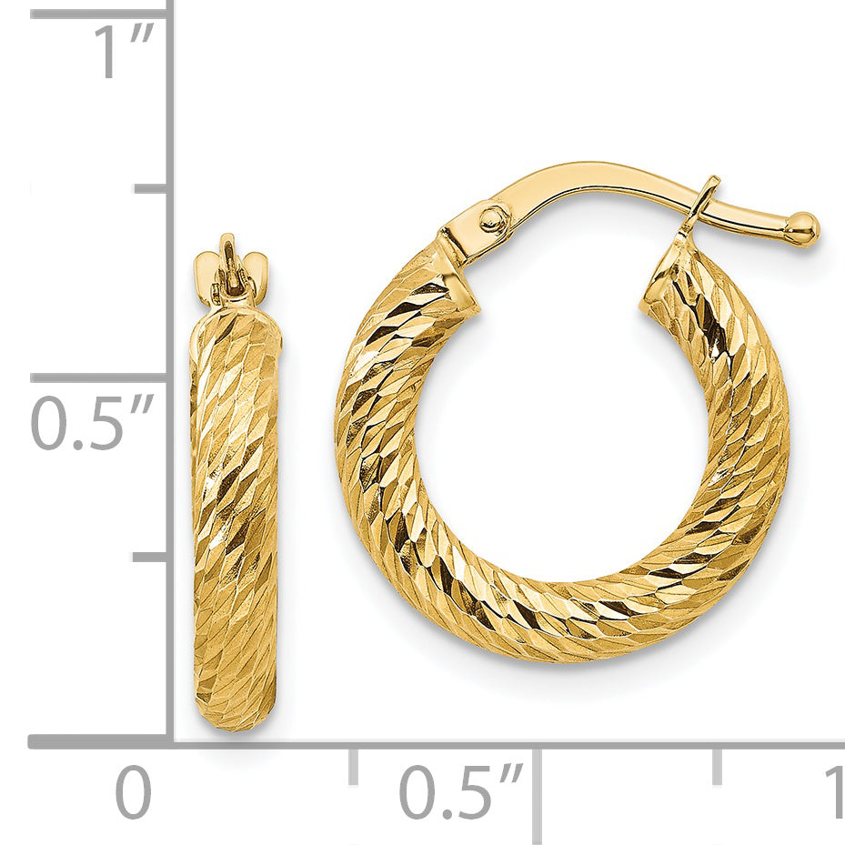 14k 3x10mm Diamond-cut Round Hoop Earrings