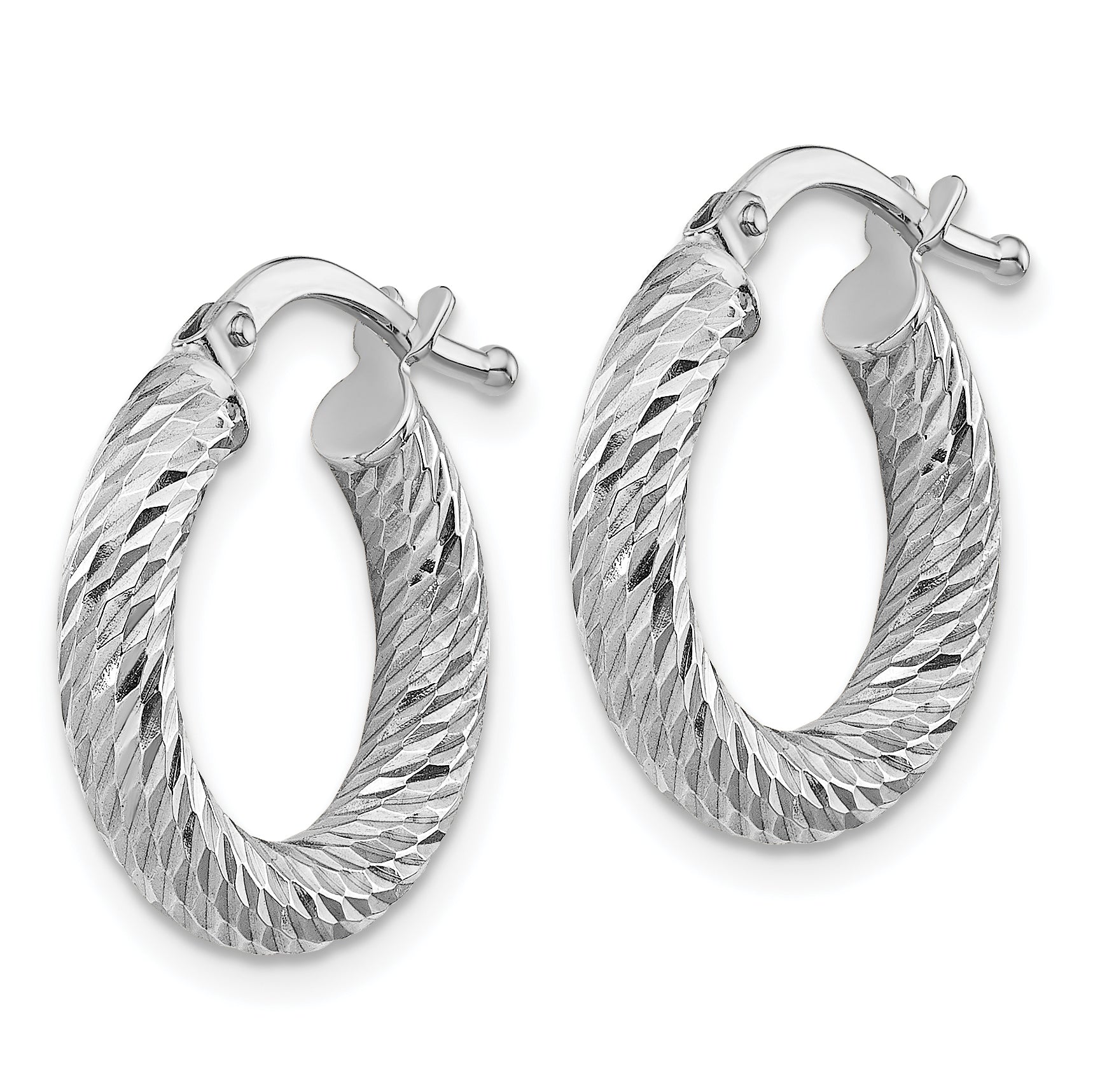 14k 3x10mm White Gold Diamond-cut Round Hoop Earrings Secondary image