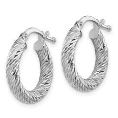 14k 3x10mm White Gold Diamond-cut Round Hoop Earrings