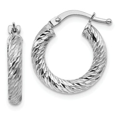 14k 3x10mm White Gold Diamond-cut Round Hoop Earrings
