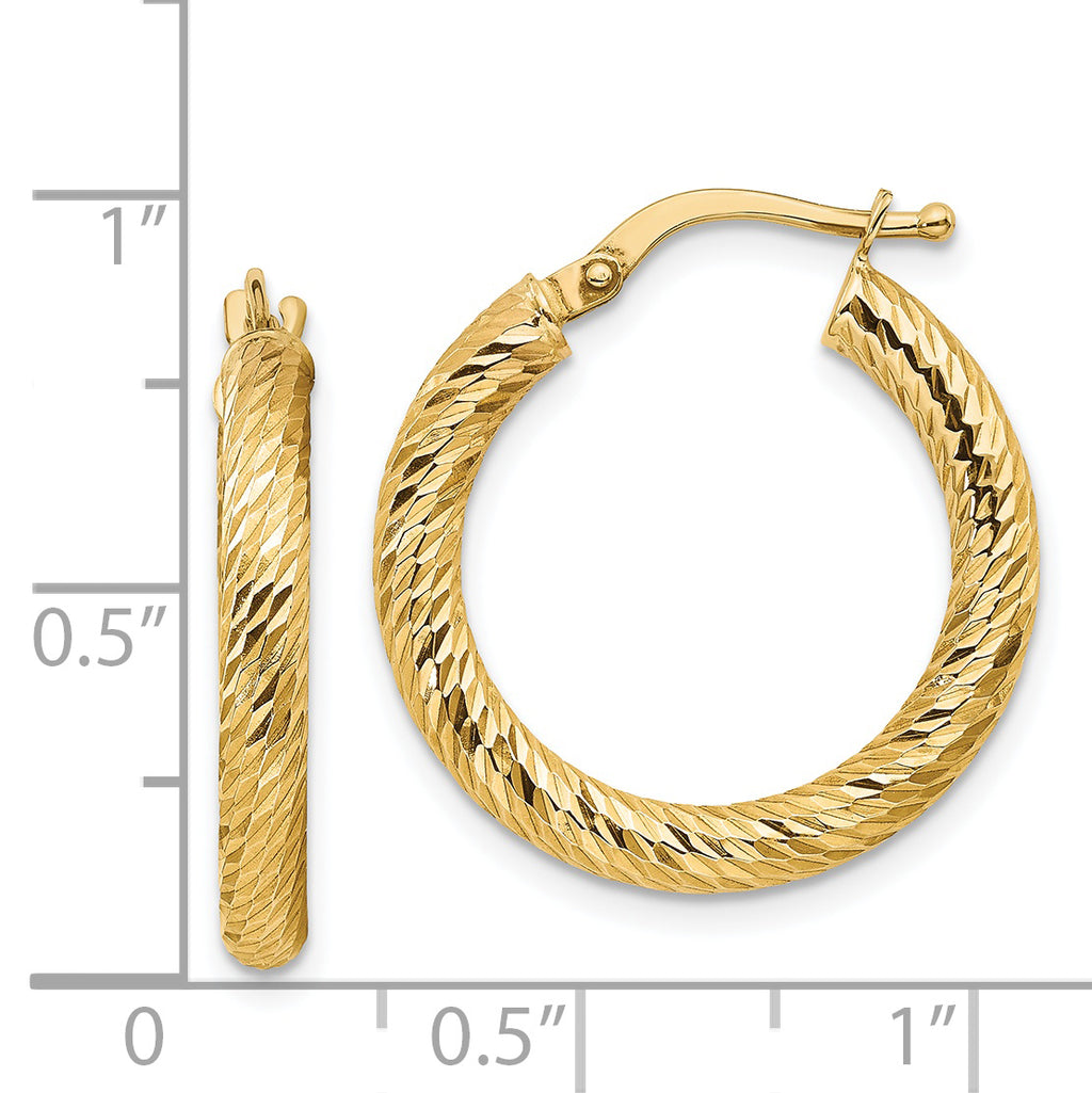 14k Polished 3mm Diamond-cut Round Hoop Earrings