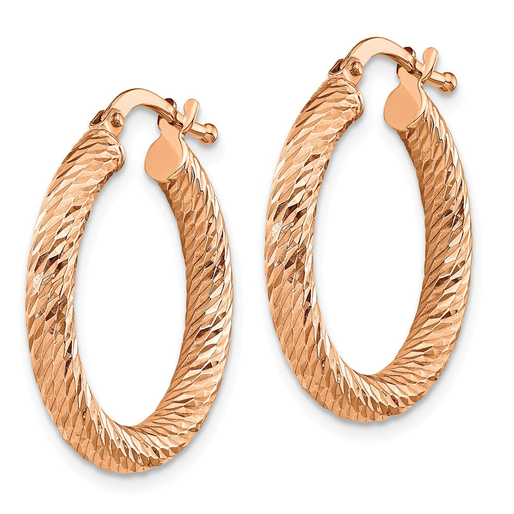 14K 3x20 Rose Gold Diamond-cut Round Hoop Earrings