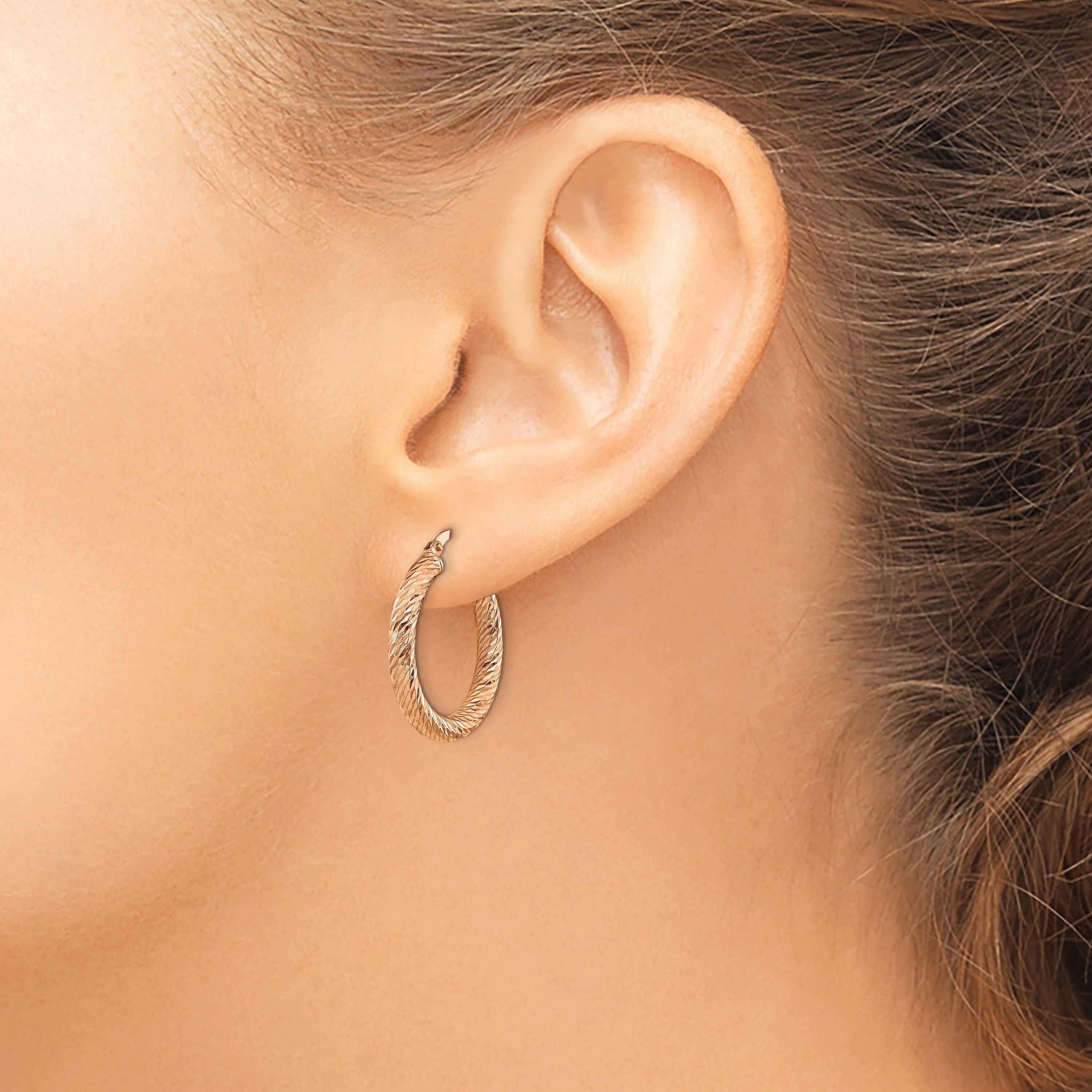 14k 3mm Polished Rose Gold Diamond-cut Round Hoop Earrings
