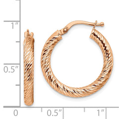 14k 3x20 Rose Gold Diamond-cut Round Hoop Earrings