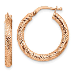 14K 3x20 Rose Gold Diamond-cut Round Hoop Earrings